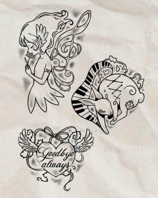 Illustrative flash sheet with three black linework designs