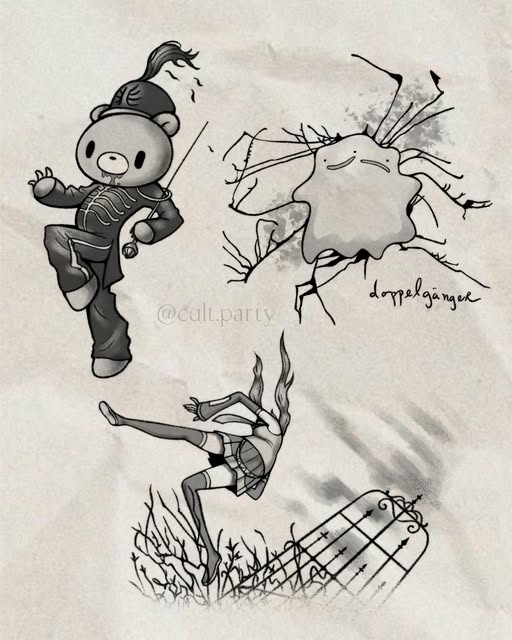 Black-and-grey flash sheet with three character illustrations