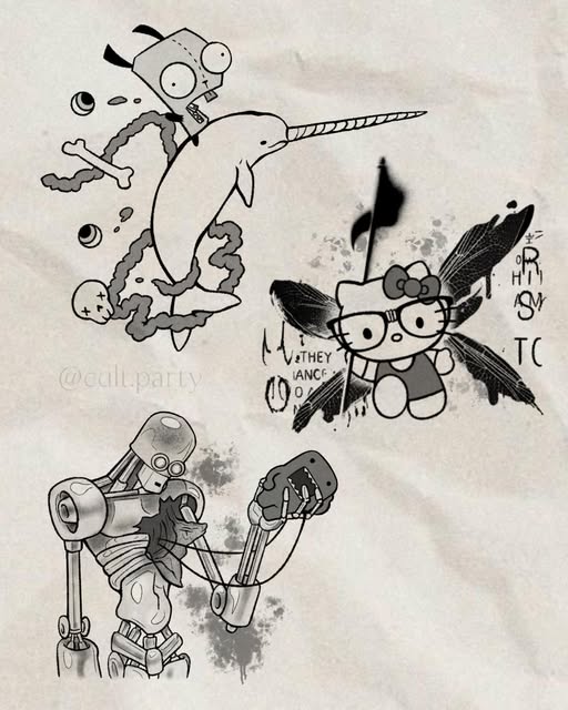 Black-and-grey flash sheet with playful mechanical and cartoon character designs