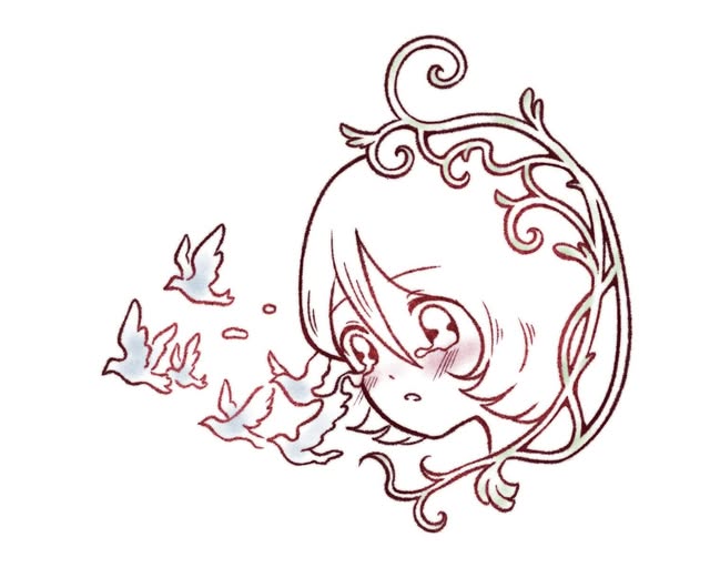 Red linework illustration of a framed character and flying birds